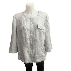 Chico’s Women’s Gray Zip Linen Jacket Blazer Collarless‎ 3/4 sleeve sz 2 large